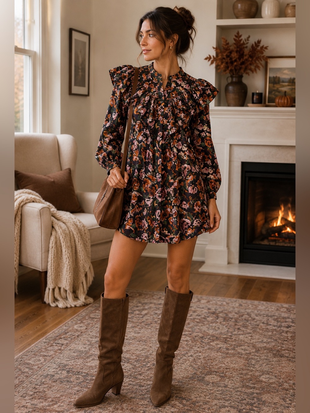 Something Navy Floral Ruffle Button Up Mini Dress Black Combo NWT Size S